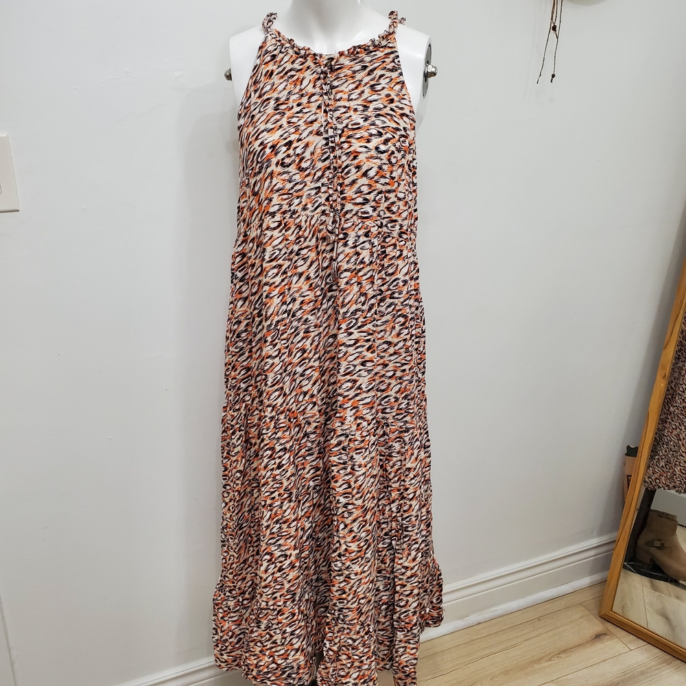 Tribal Women's Maxi Sleeveless Tiered Dress - Orange and Black Pattern, Lined